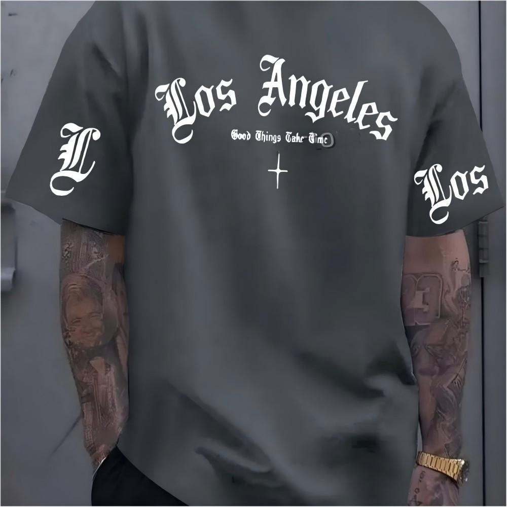 Modisches amerikanisches Unisex-Sommer-Gothic-Los-Angeles-Buchstabendruck-Mikro-elastisches atmungsaktives Rundhals-T-Shirt Outdoor-Freizeit-Oberteil