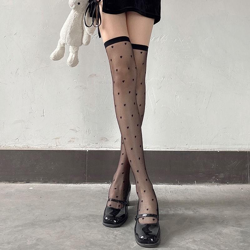 1Pair Love Heart Over Knee Socks,Trendy & Romantic, Women's Summer Ultra-thin Transparent Stockings