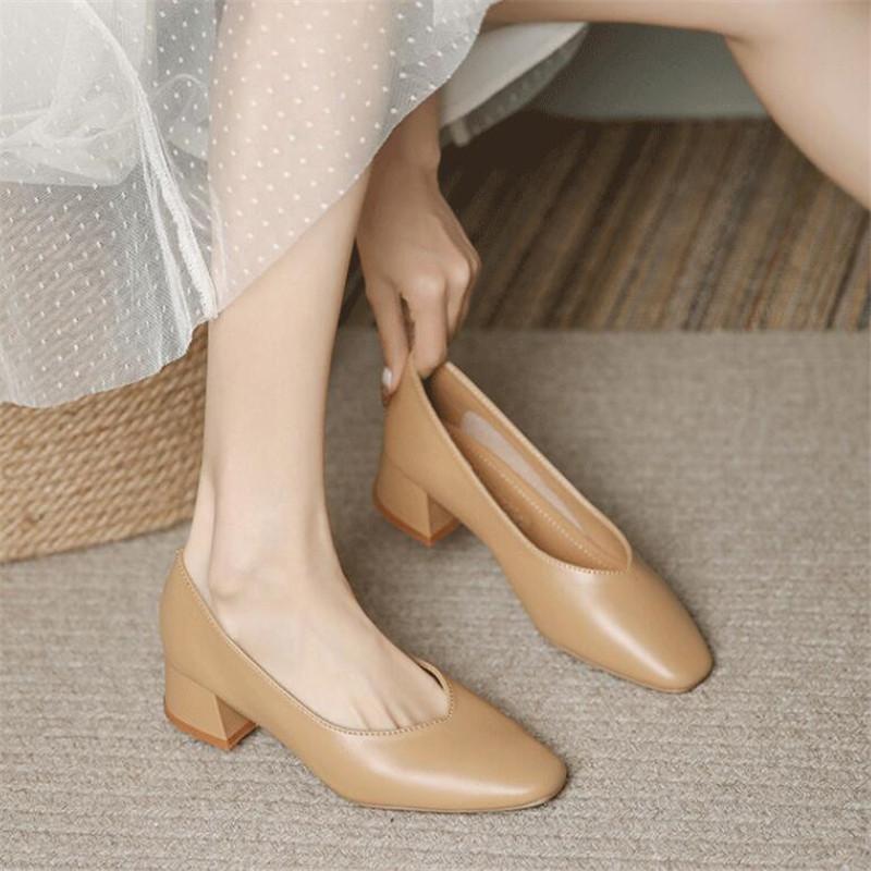Woman Elegant Summer French Square Toe High Heels Mary Janes Female Retro Casual Shoes Low Heeled Soft Soled Ladies Shoes