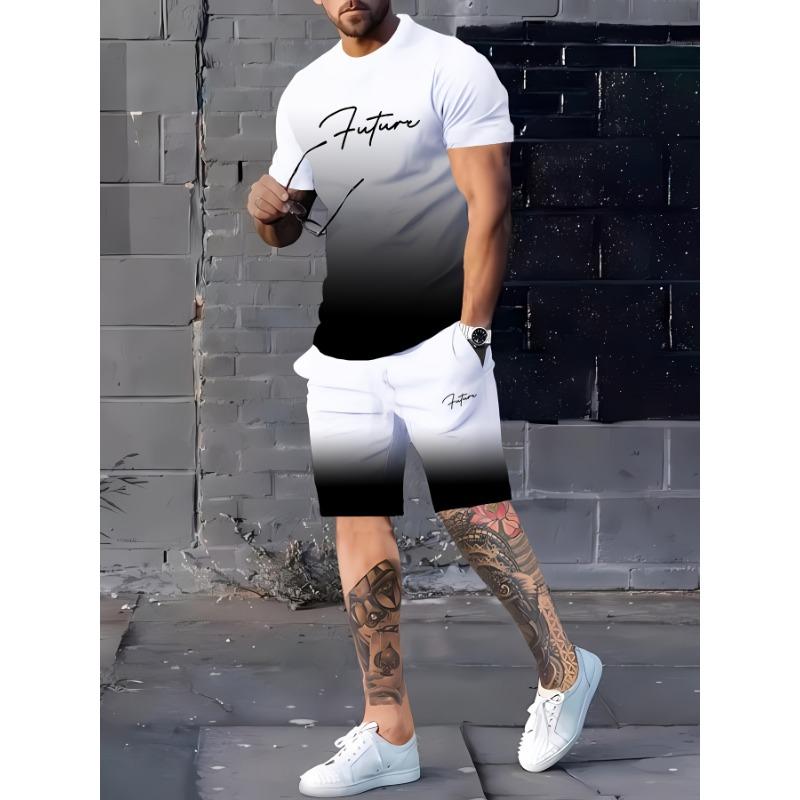 Summer New Contrast T-shirt Shorts Set Oversized Loose Men s Short Sleeve Top Drawstring Side Pocket Shorts 2-piece Set S