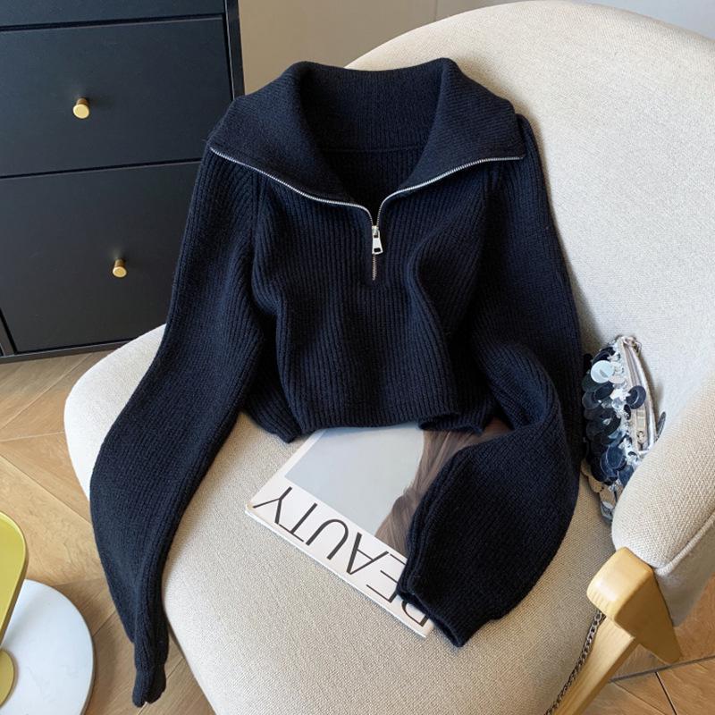 

Женский вязаный свитер на молнии до середины - Отложной воротник, длинный рукав, короткий стиль для весны и осени S for 40-47.5 kg чёрный