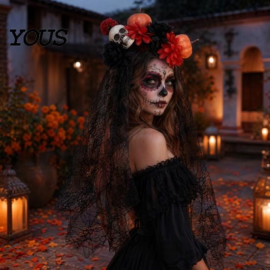 Halloween Party Hair Accessory Pumpkin Skull Floral Headband, Stable Hoop with 3D Artificial Costume Headband Flowers And Spiderweb Black Gauze Gothic