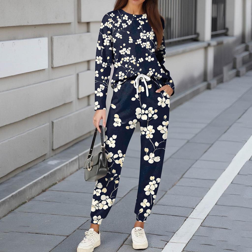 Zestawy Damskie 2-częściowe Koszulki z Okrągłym Dekoltem i Długim Rękawem Drukowane Spodnie Dresowe Zestawy z Kieszeniami