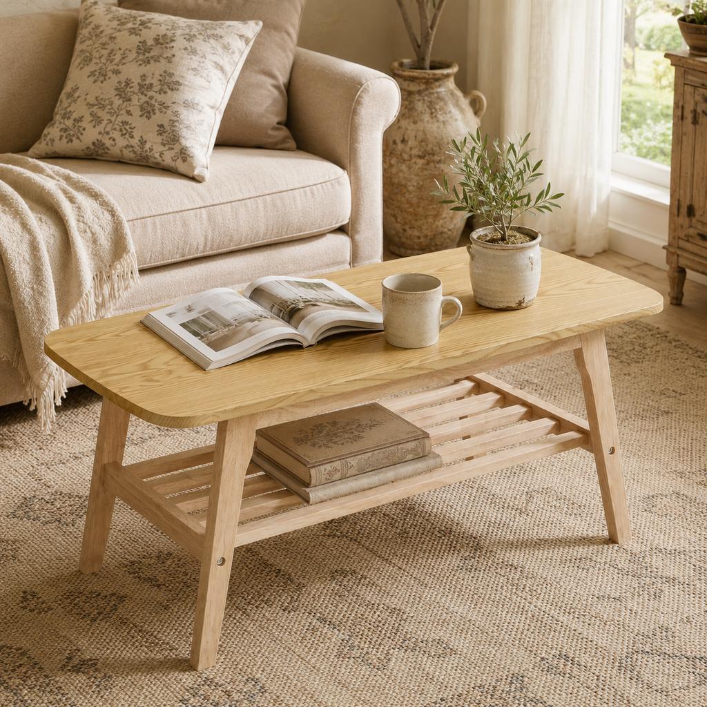 A large coffee table with a 100 cm long solid wood base, offering plenty of storage space and ideal for the living room, apartment and office