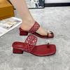 Fashion 2025 Summer Hot Sale Square-Toe Mid-Heel Thong Sandals Rhinestone Hollow Weave Dressy Outdoor Women's Classics Fashion Slippers
