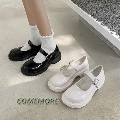 Fashion Patent Leather Mary Jane Shoes for Women Preppy Style Ankle Buckle Platform Pumps Woman Japanese Thick Heels School Shoes Mujer