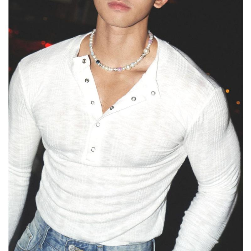 Herren Eng anliegendes Stretch-Strick-Henley Langarm Dünnes Atmungsaktives Basis-T-Shirt