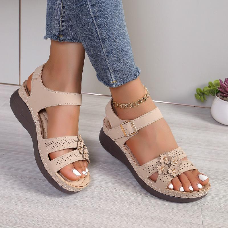Flower retro large size wedge with women's sandals word decoration new women's shoes summer