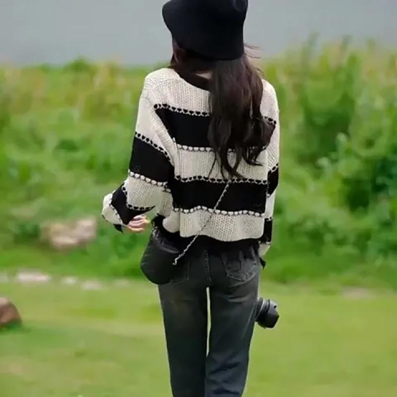 WTEMPO Spring Autumn Solid Color Short Knitted Pullovers Women Long Sleeve Casual Striped O-Neck Sweaters Outwear