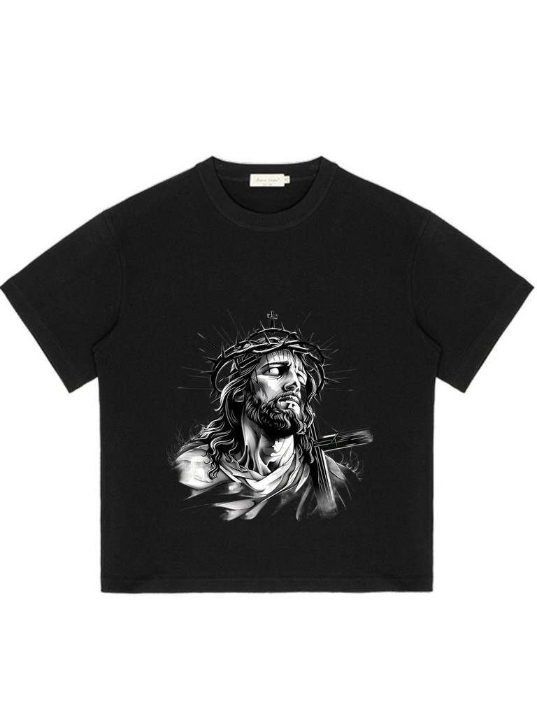 Black T Shirt Jesus Christ Crown of Thorns Religious Art Print for Men and Women Casual Wear Streetwear Fashion