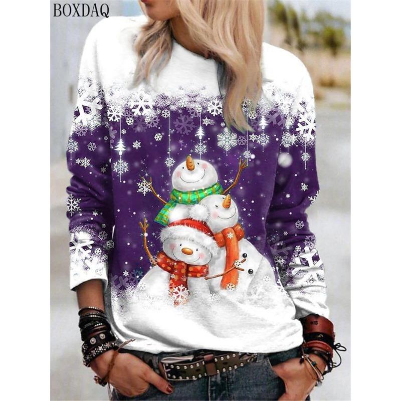 Cartoon Christmas Snowman Women Long Sleeve T-shirts Autumn Winter Christmas Style