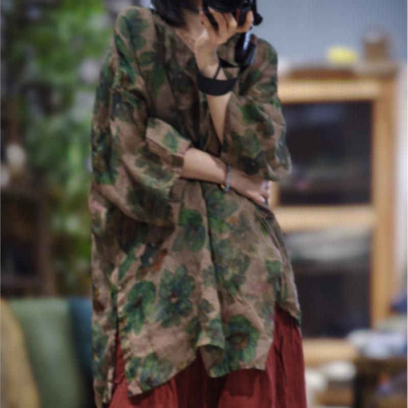 Johnature Women Vintage Print Floral Shirts Tops V-Neck Long Sleeve Blouses Autumn Chinese Style Button Shirt