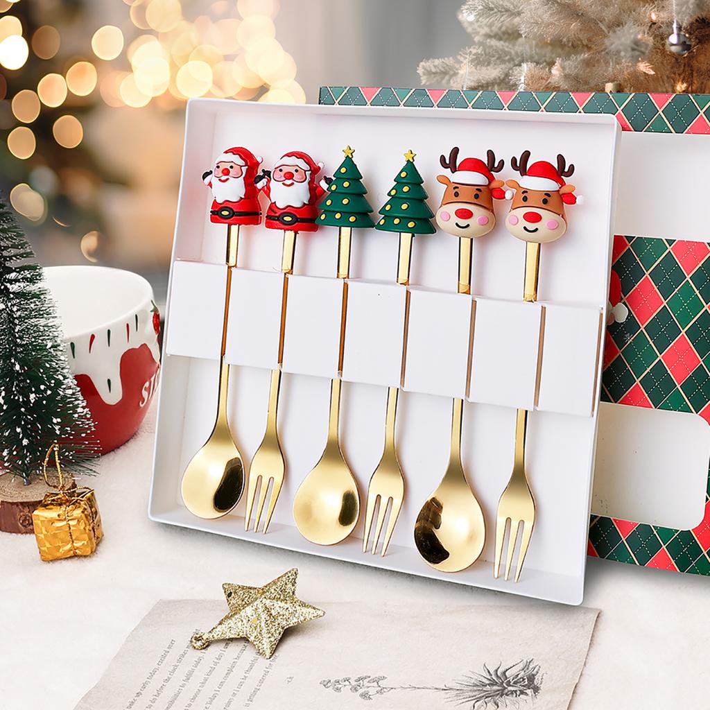 6pcs Christmas Party Dinnerware Set with Gift Box Elk Christmas Hat Tree Fork Spoon Cutlery Set Gold Stainless Steel Tableware