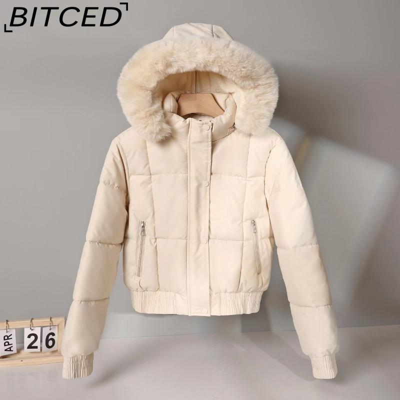 BITCED Women's Short-Length Puffer Coat Winter Fleece-Lined Thickened Cotton Jacket with Large Fur Collar Bread-Style Outerwear