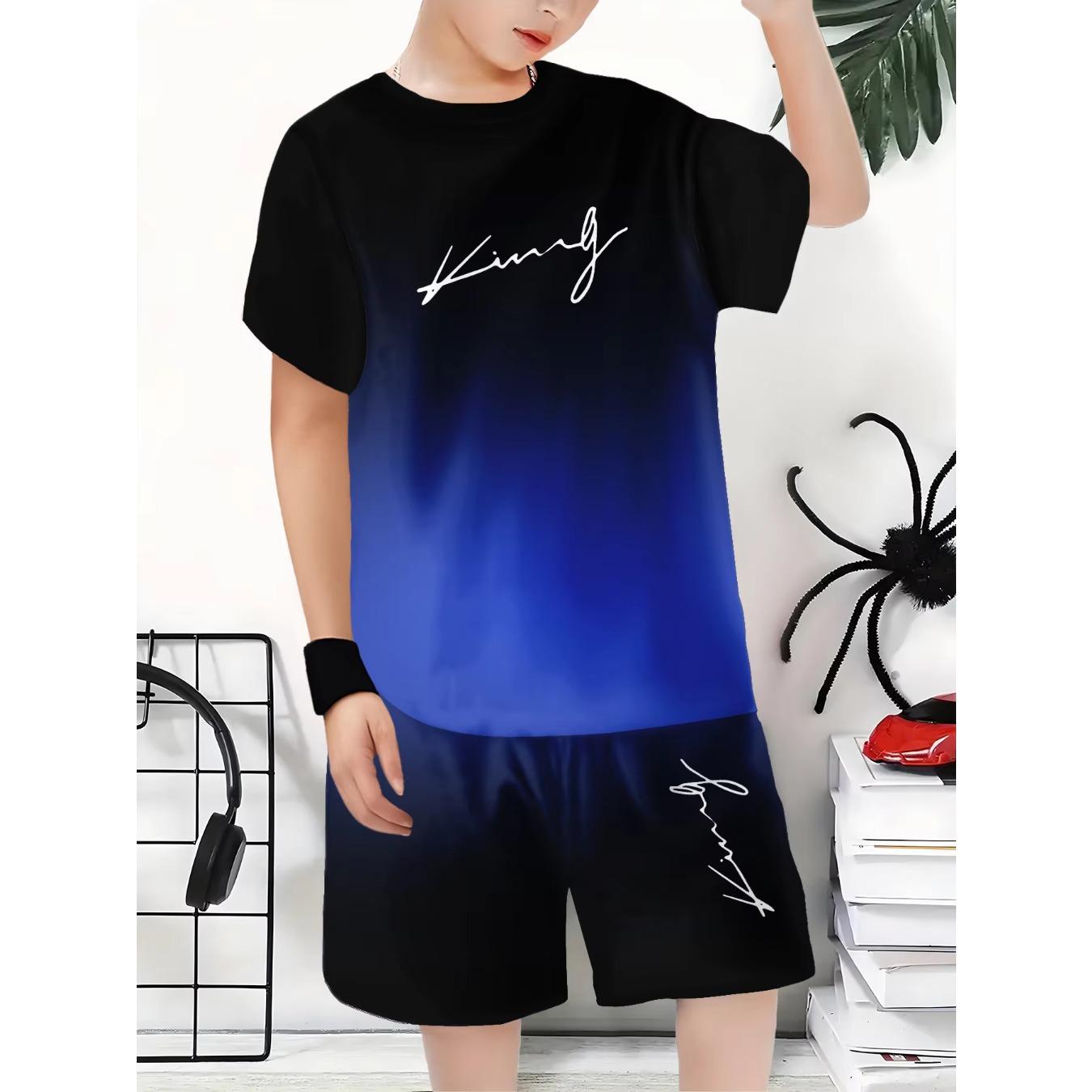 Kids Clothes  Letter Theme Gradient Printed Set for Boys Summer Outdoor Children s Casual Fashion Streetwear 5-6Y