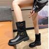 Soft Leather Version~ British Style Medium Tube Belt Buckle Western Cowboy Boots Autumn and Winter New Round Head Thick Sole Thick Heel Knight Boots