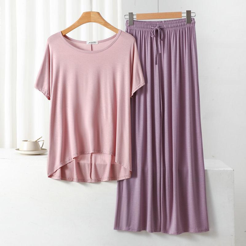 Damen Übergröße Freizeit-Pyjama-Set: Modal Rundhals Kurzarm Oberteil & Weitbeinige Hose