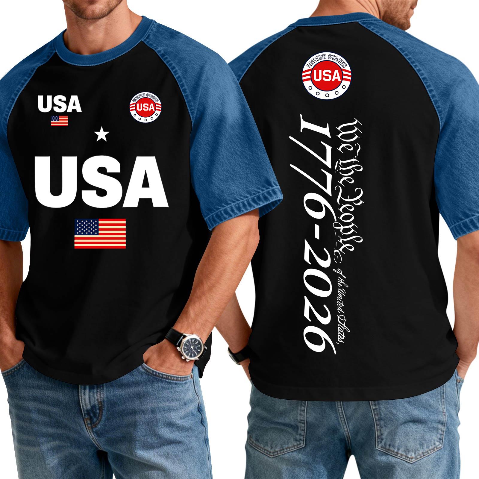 Men s Denim Patchwork Shirt, Casual Short-sleeved Comfortable T-shirt, Fashionable For Spring And Summer. L