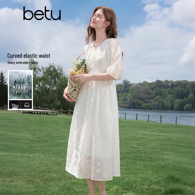 betu Women s Summer Lyocell Embroidered V-Neck A-Line Dress L