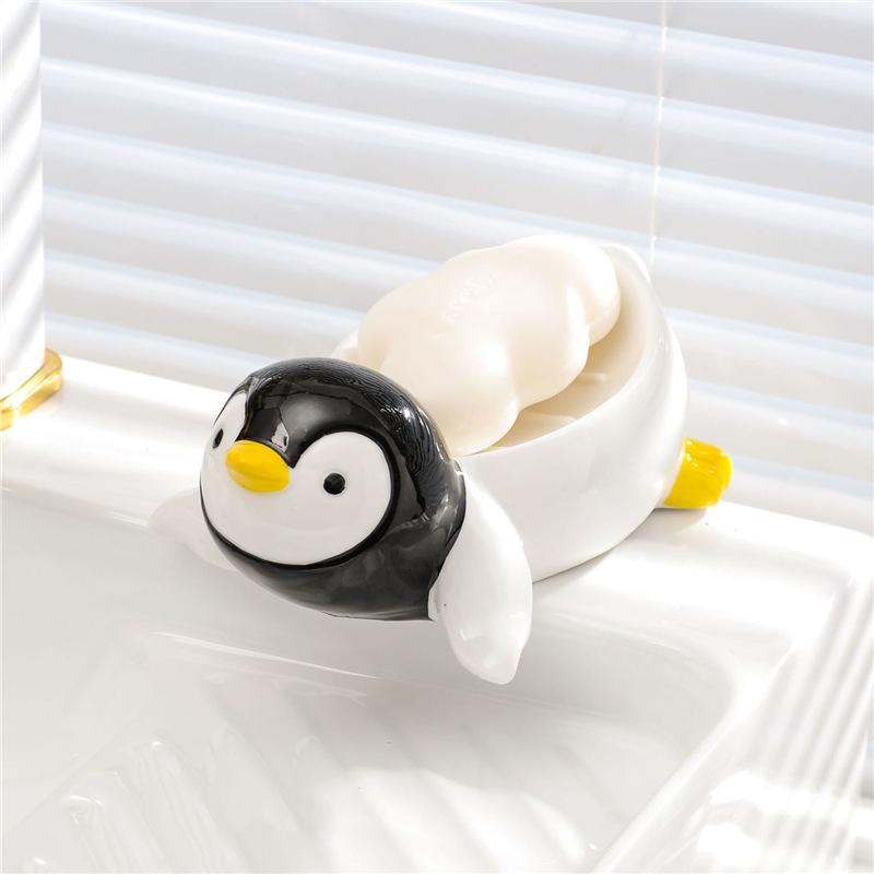 1 Stück Seifenkiste in Pinguinform aus Keramik, Ablaufseifenschale, Badezimmer, Dusche, Seifenhalter, Schwammablage, Küche, Badezimmer-Zubehör