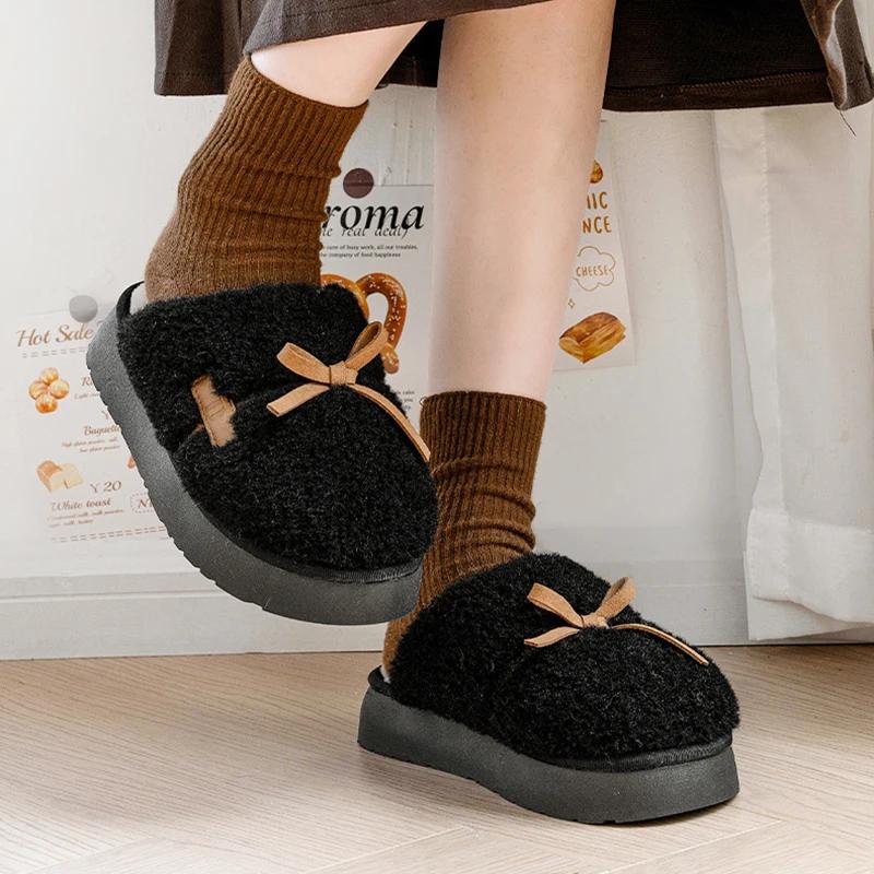 Fashion Fluffy Platform Slippers Women House Flats Cute Bowknot Designer Lovely Winter Shoes Girls Fashion Plush Casual Footwear Elegant