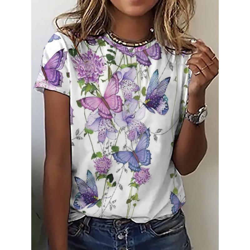 Summer Round Neck 3D Butterfly Print Top Fashionable Casual Short Sleeved Women's T-shirts