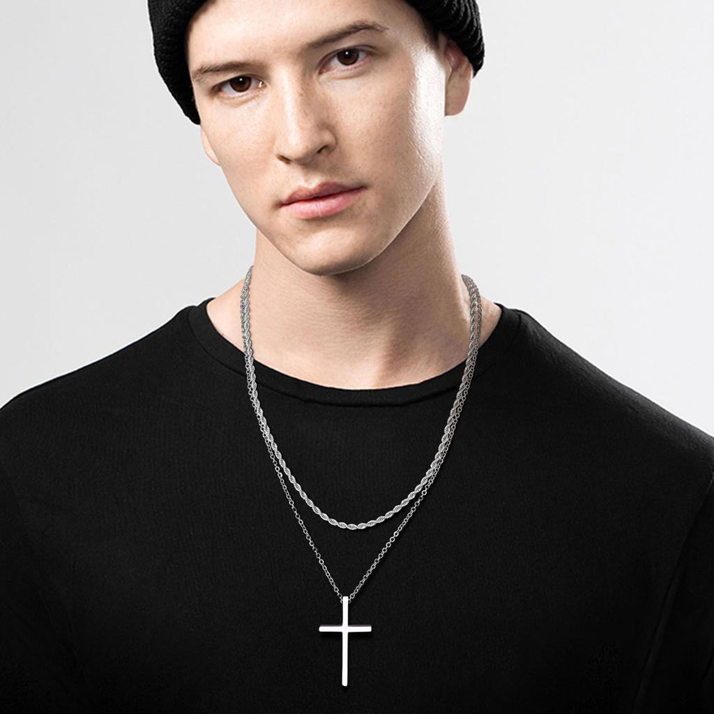 Men Double Layered Chain Cross Charm Pendant Necklace, Stainless Steel Stacking Set Choker Collar Gifts To Him