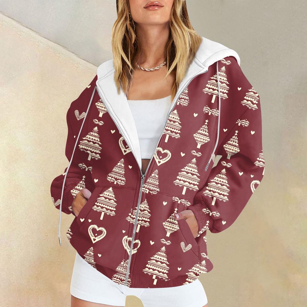 Women's Christmas Printed Sweatshirt Winter Long Sleeve Cardigan Jacket With Pockets Zipper Hoodie Outerwear