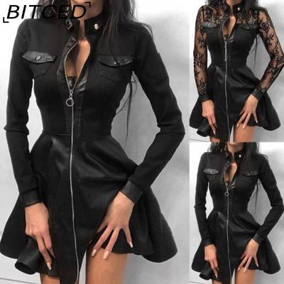 Mode Frauen Spitze Langarm Reißverschluss Big Hem Kunstleder Minikleid
