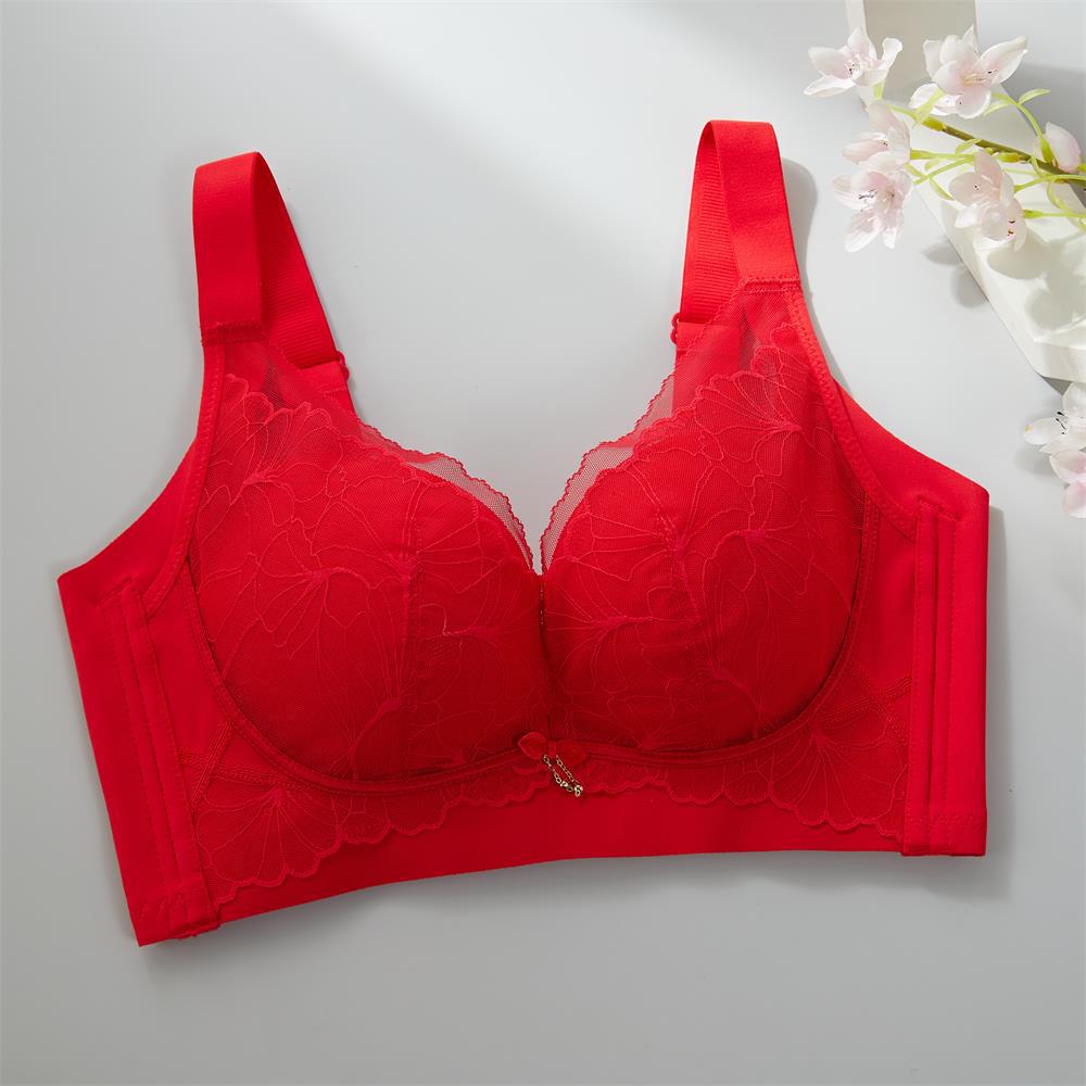 

Comfortable bra gathered large size, light and thin, large breasts, thin upper support, adjustable lace close breast bra 44/100CD червоний
