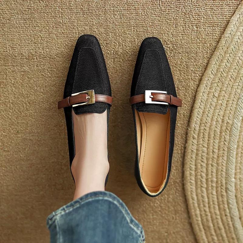 Элегантные туфли-лоферы с пряжкой на ремне и небольшим носком женские джинсовые туфли удобные туфли-лодочки на толстом каблуке с квадратным носком 38 4948₽