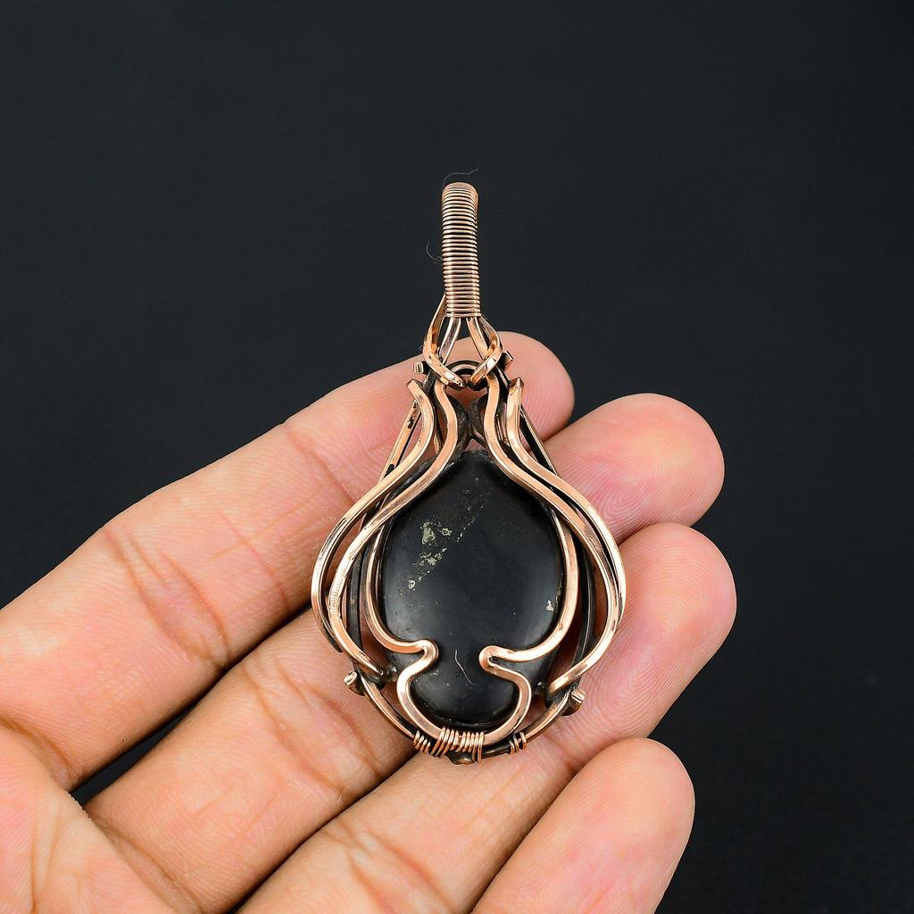 Unique Golden Apache Pyrite Gemstone Handmade Pure Copper Wire Wrapped Pendant Jewelry
