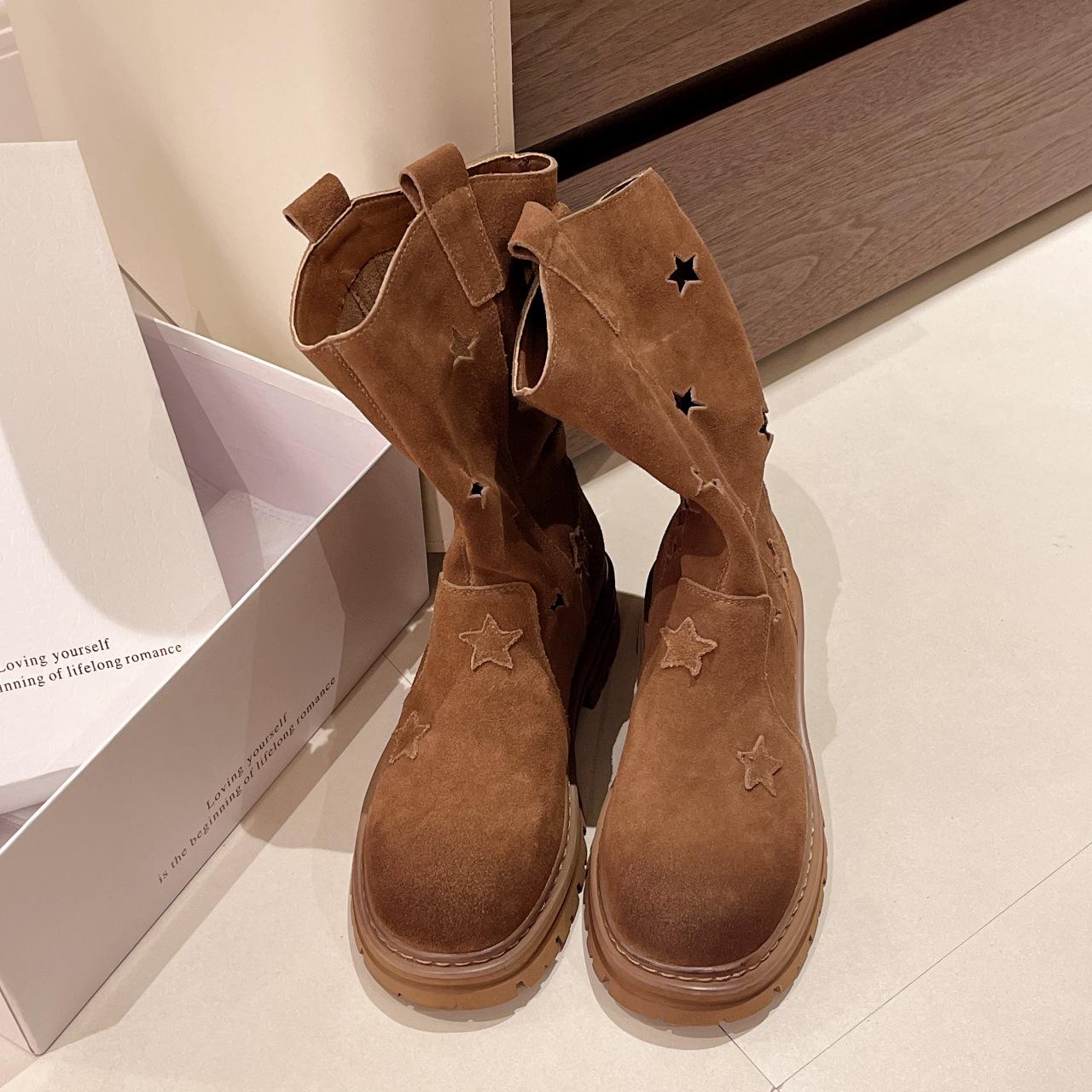 Модные женские сапоги 2024 года летние ковбойские сапоги в стиле вестерн короткие сапоги до середины голени дышащие рабочие сапоги повседневная женская обувь в стиле рыцаря 35 светло-коричневого 4980₽