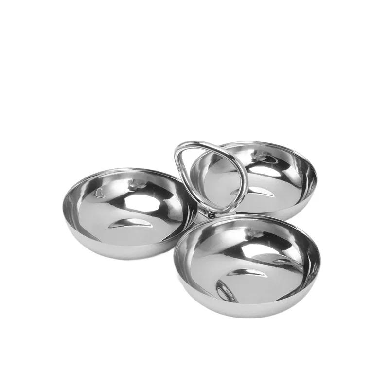 Stainless Steel 3-compartment Serving Bowl Round Snack Dish Side Plates for Serving Appetizer Pickle Toppings Condiments