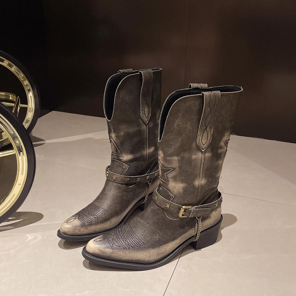 Women's Retro Cowboy Mid Calf Boots Cowboy Square Heels Pointed Toe Platform Women Chunky Heels Western Pointed Toe Metal Botas