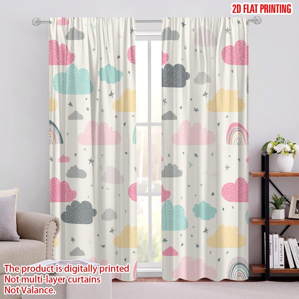 

Flat Printing Scene Curtain Pink Blue Rainbow Clouds Stars Digital Printed Polyester Drapes Family Party Decoration Set Of 2 Made Washable W100*H70(CM)-Grommet top&2PCS