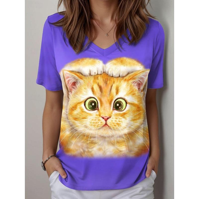 Summer Women's T Shirt Graphic Animal Cat Cute Stylish Casual Short Sleeve V Neck Regular Tops Daily Printed Y2K Tees