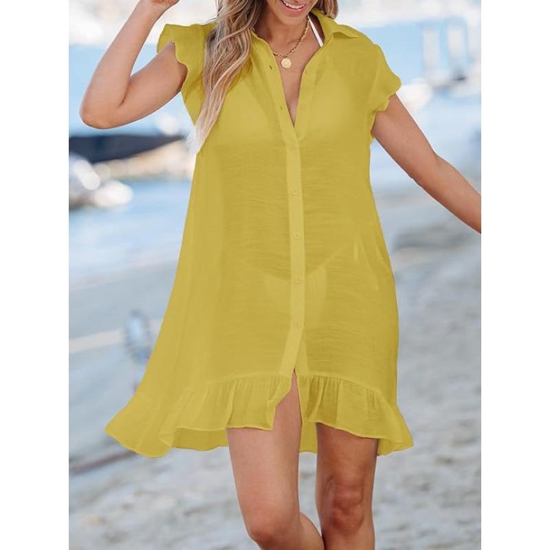 VEZFAA Women's Fashion Summer Spring Solid Color Print Short Sleeve POLO Neck Loose Waistlinet Casual Dresses