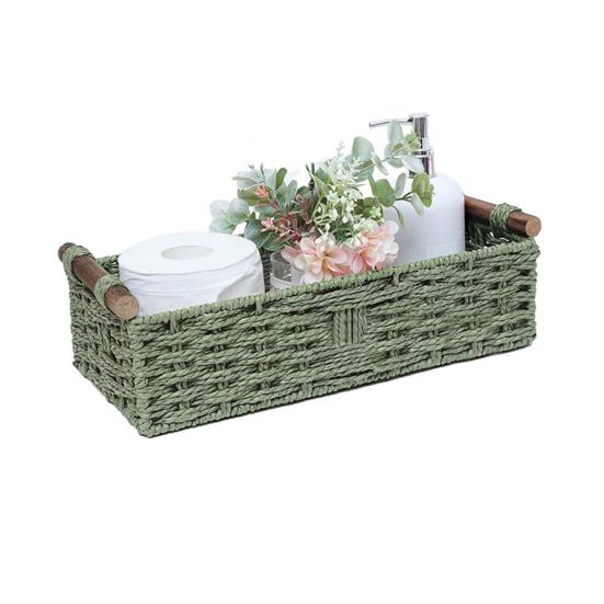 Yousheng Handwoven Storage Basket Handcrafted Scalloped Basket with Wooden Handles Rustic Toilet Paper Storage Basket for Bathroom Bedroom Storage