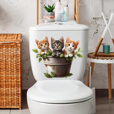 Cats Toilet Lid Sticker Self-Adhesive Waterproof Toilet Tank Seat Decal Peel And Stick Kittens Sticker for Bathroom Wall Bedroom Window