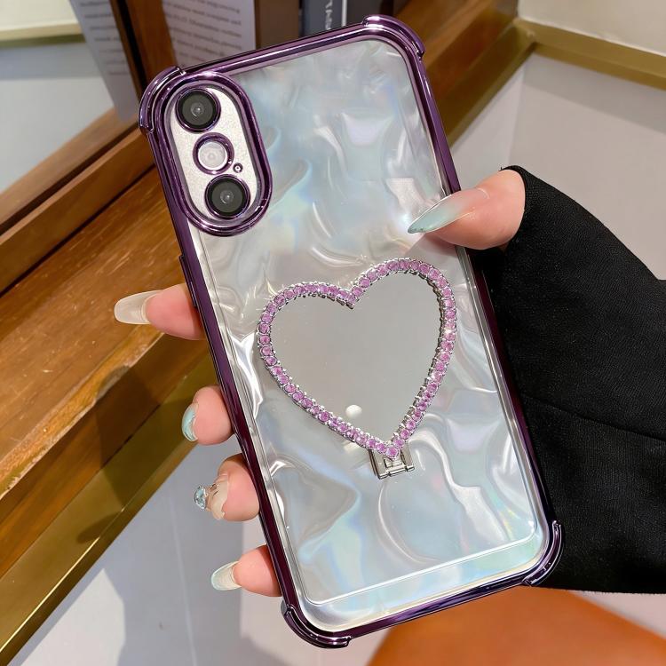 Heart-shaped Mirror Electroplated TPU + Acrylic Phone Case with Holder