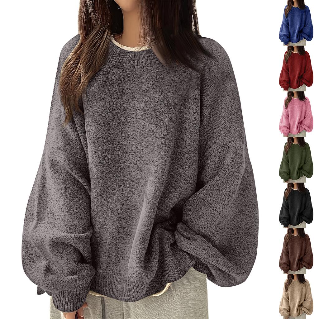 Women's Fashion Casual Loose Pullover Solid Color Round Neck Long Sleeve Knit Sweater