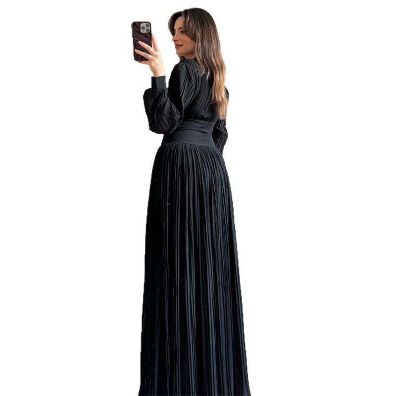 European Elegant Long-Sleeve Polo Collar Pleated Dress - Solid Color, New Style Fashion