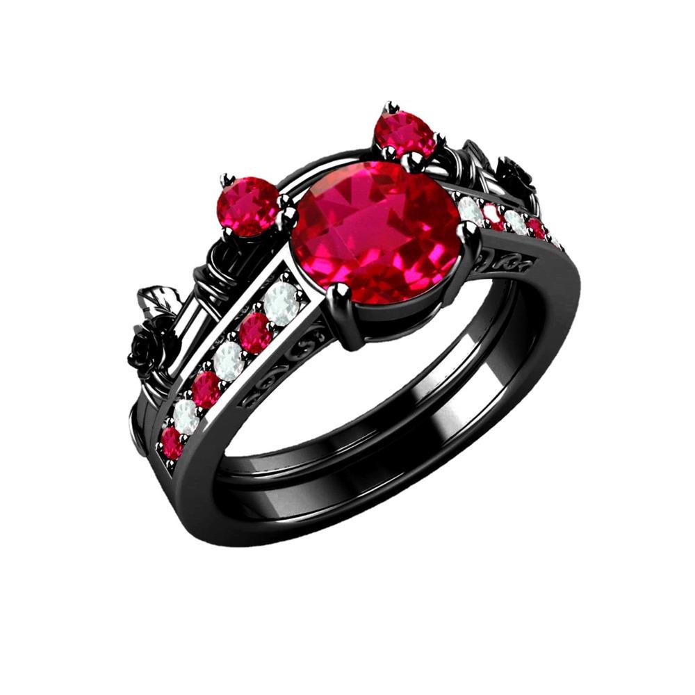 WOSIKATE Creative Inlaid Coloured Zirconia Black Gold Ring For Women Colourful Gemstone Rose Flower Ring Sets Fashion Jewelry