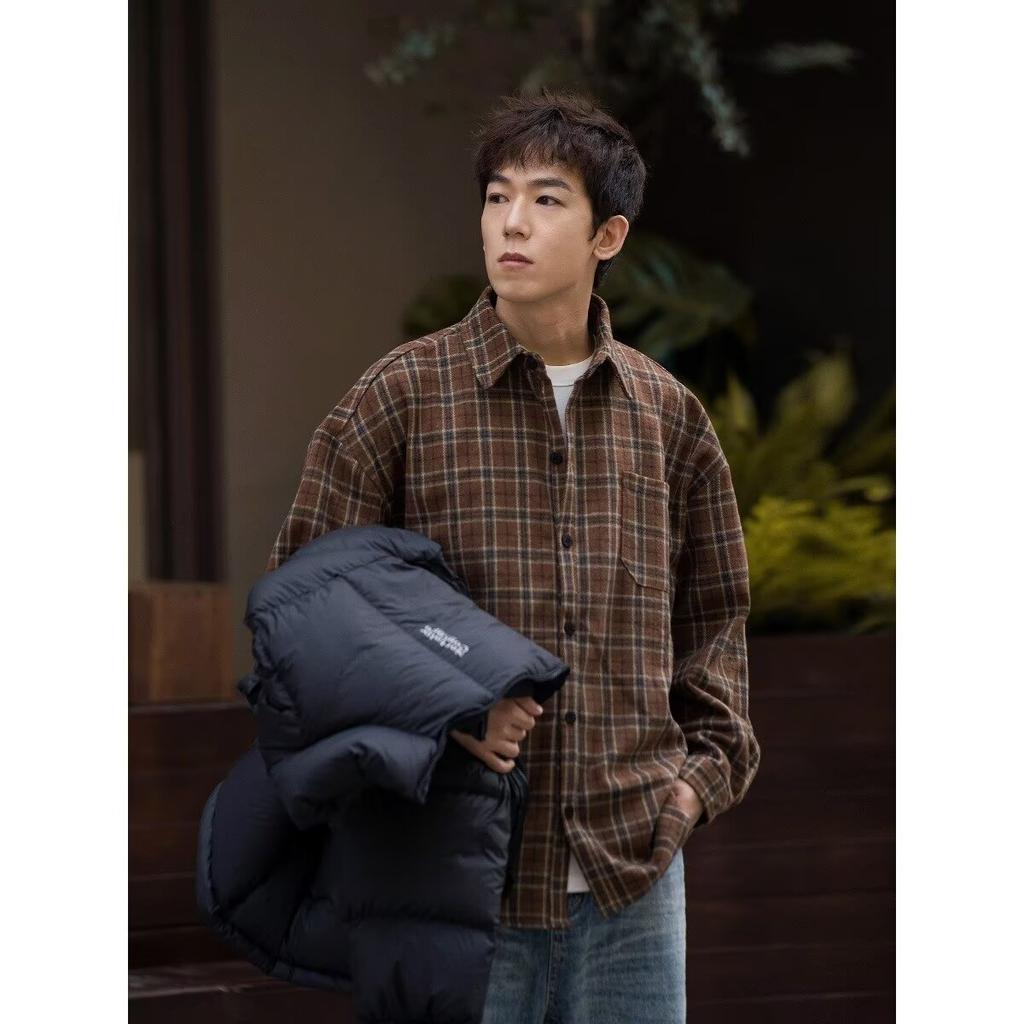 American Casual Brown Plaid Shirt Coat Boys and Girls College Style Blouse Simple Loose Retro Long Sleeve Top