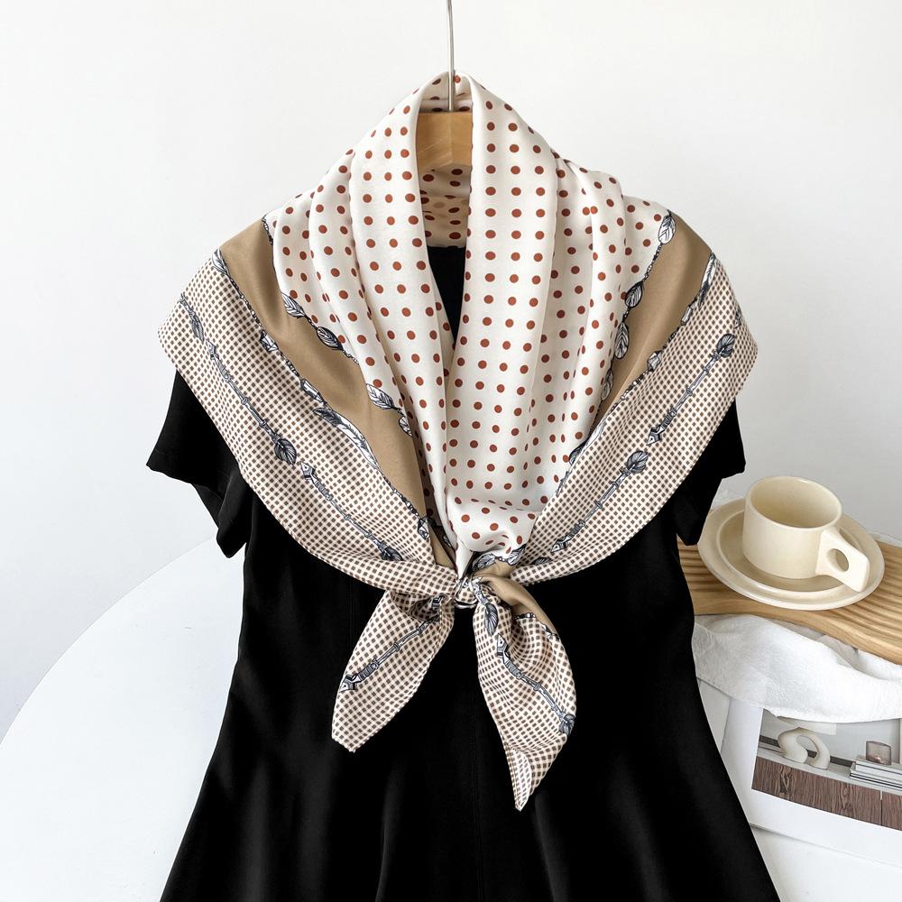 Pearl Polka Dot Design Silk Scarf Thin Breathable Imitation Silk Square Scarf Sunscreen Travel Shawl Hair Tie Scarf