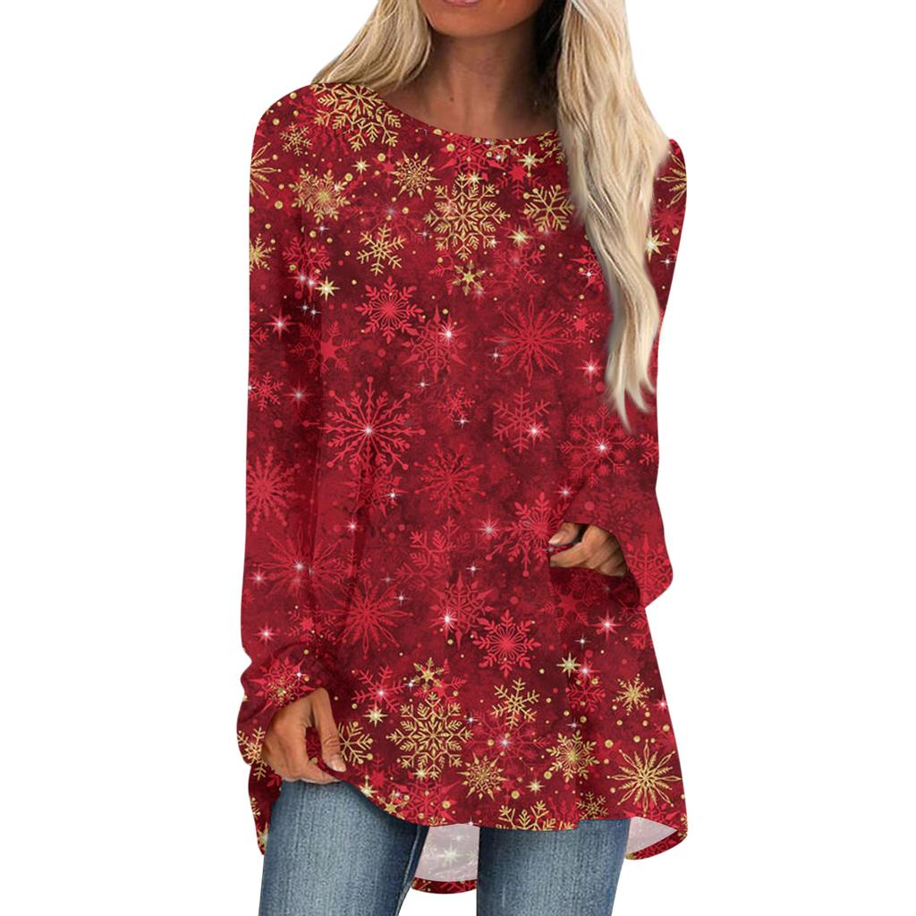 Women's Fashionable Loose Mid-length O-neck Pullover Printed Raglan Sleeves Long-sleeved Casual Top