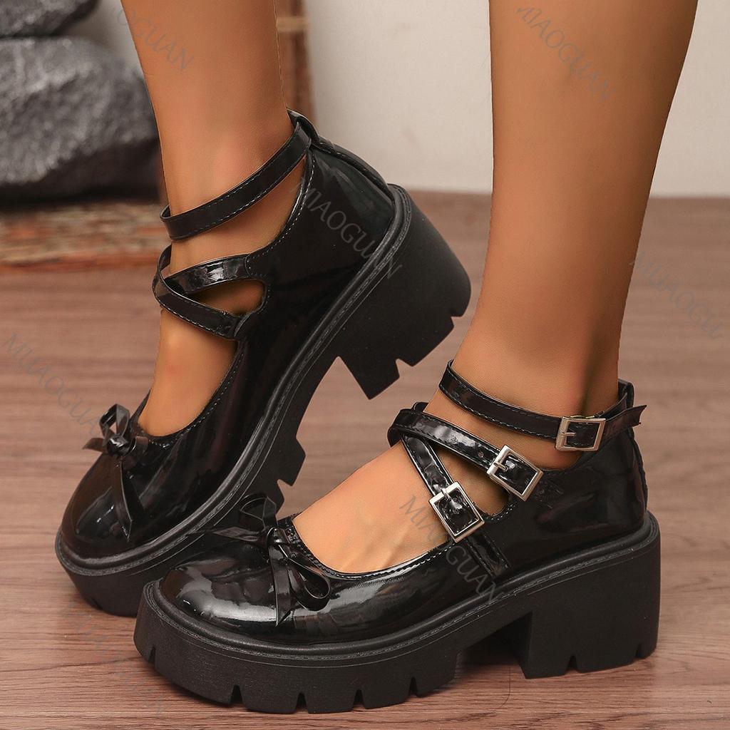 Fashion Retro Mary Jane Single Shoes 2025 New Spring Autumn Black Chunky Heeled Women's Shoes Ankle Belt Buckle Round Toe Pumps Loafers