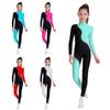 Girls Color Block Performance Jumpsuit Sparkling Rhinestones Mock Neck Long Sleeve Invisible Zipper Back Full Body Dancewear