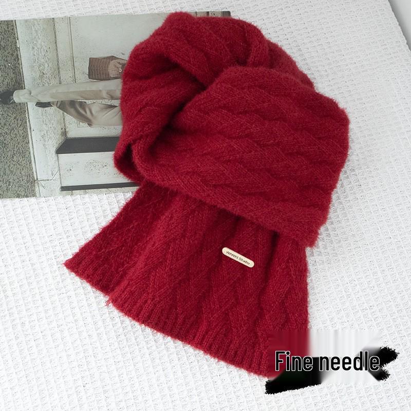 Winter 2025 Women's Red Knit Scarf: Korean Style, Trendy, Warm, Mixed Fiber, Plush Solid Color
